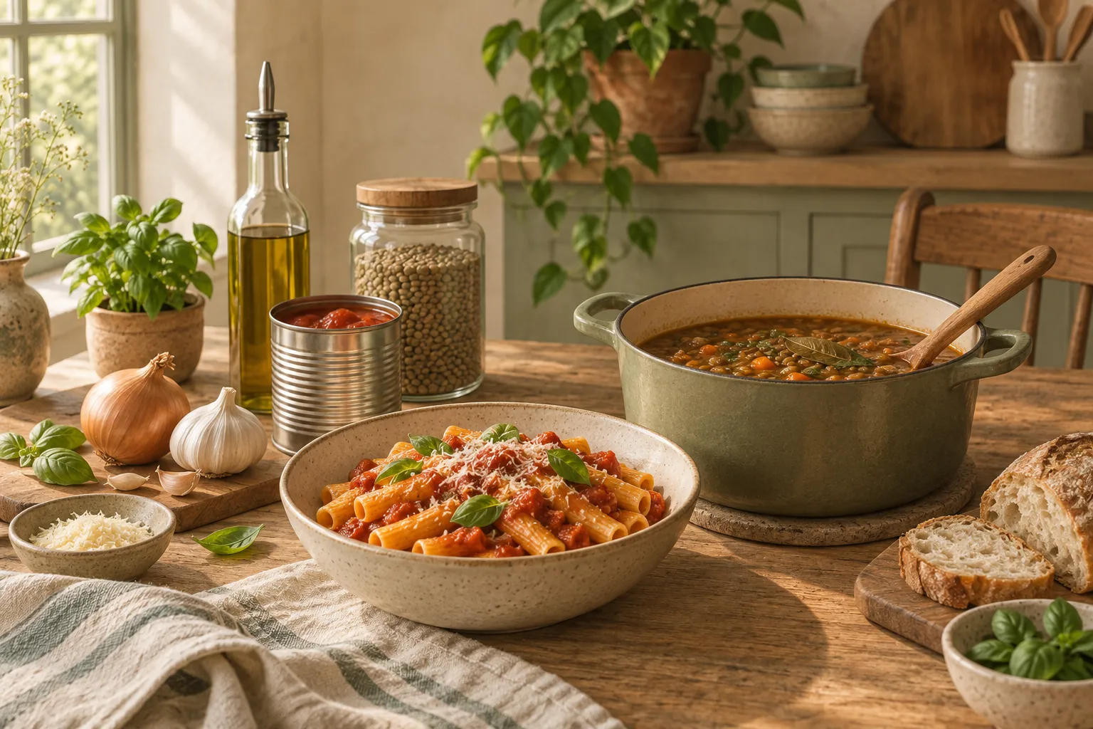 Pasta with tomato sauce and lentil soup made from pantry staples, with canned tomatoes, lentils, garlic and onion