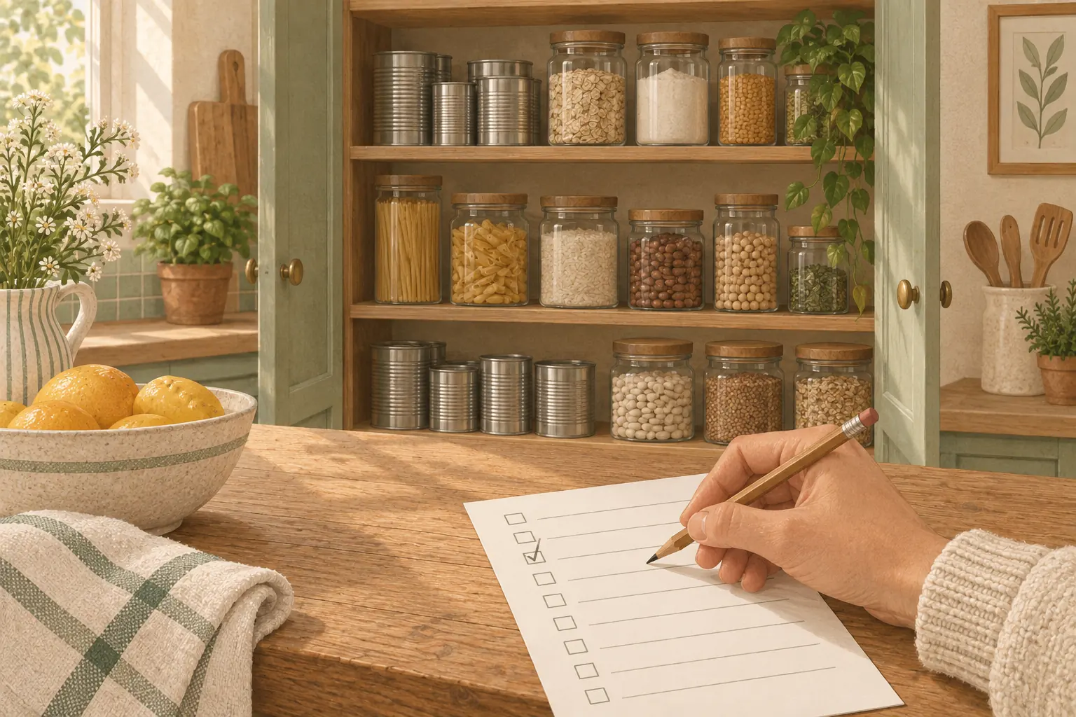 A hand ticking a checkbox on a printed grocery list beside an open pantry cupboard with jars and cans