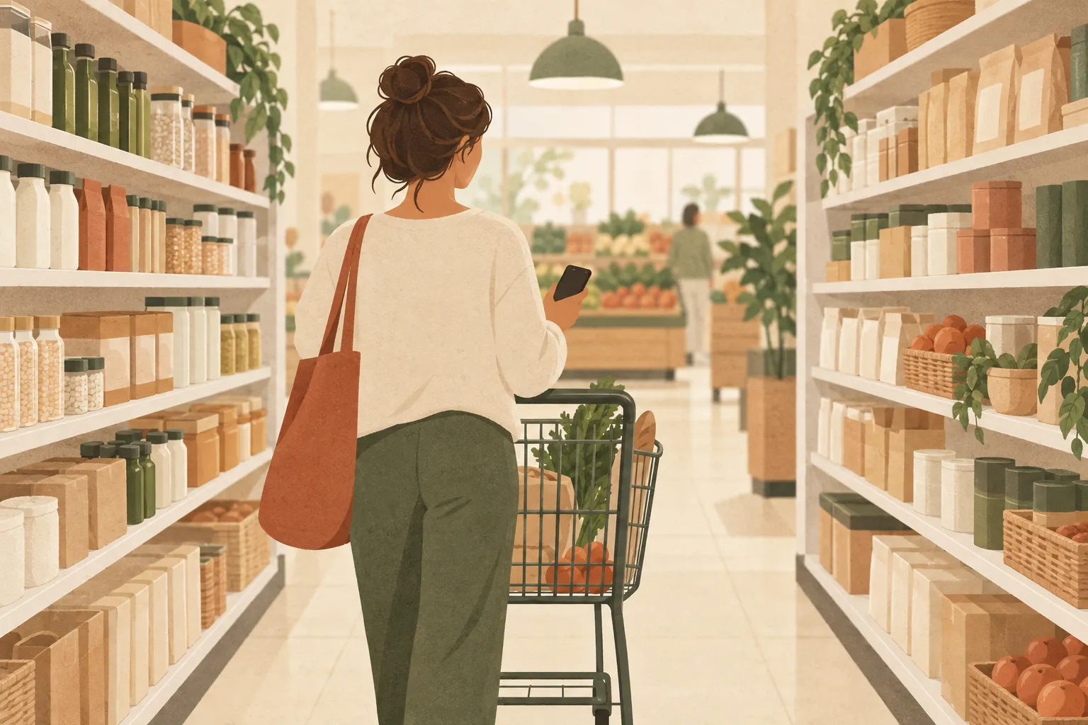 Shopper pushing a cart down a grocery aisle while checking a shared list on a phone
