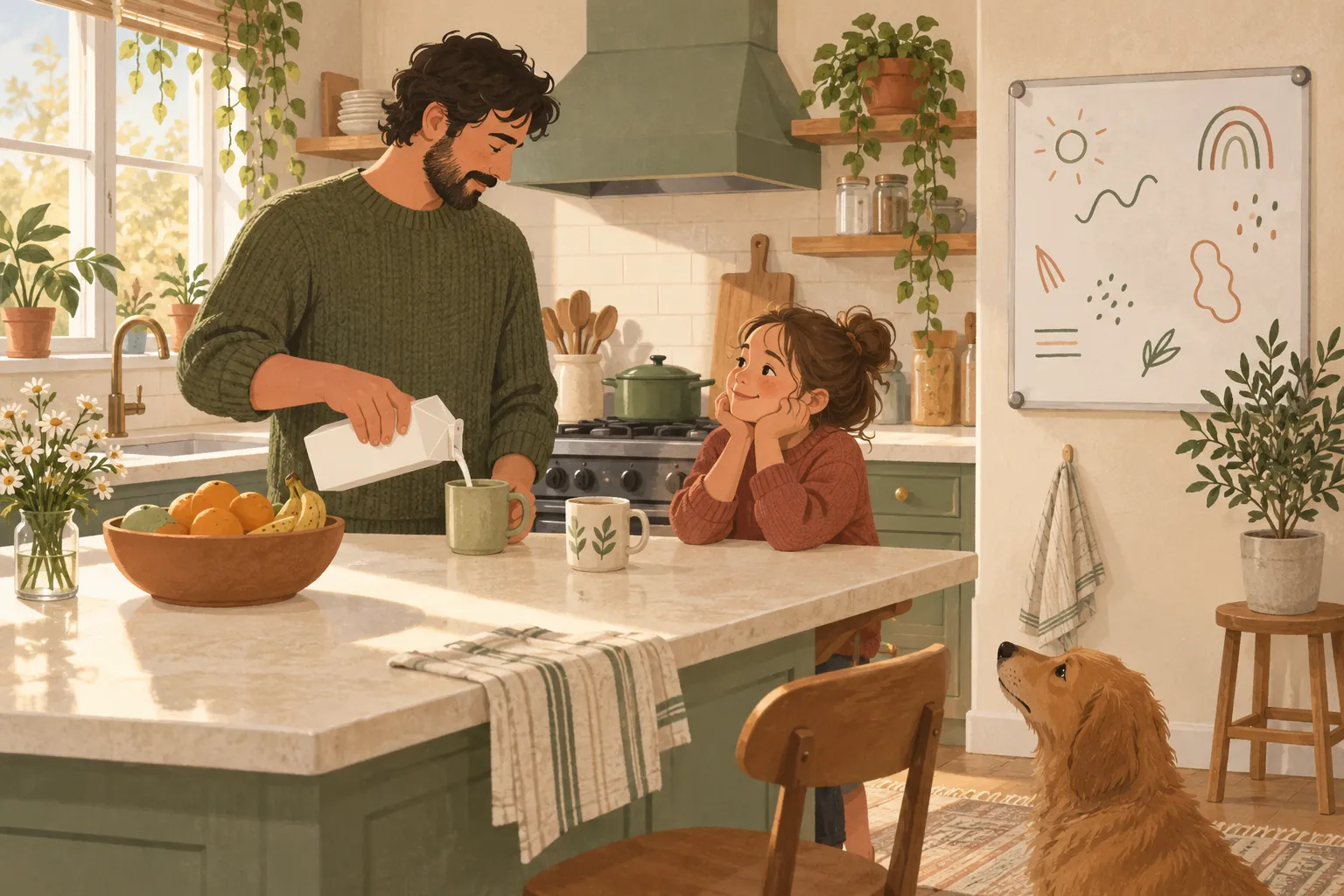 Family kitchen with a whiteboard, an almost empty milk carton and a fruit bowl