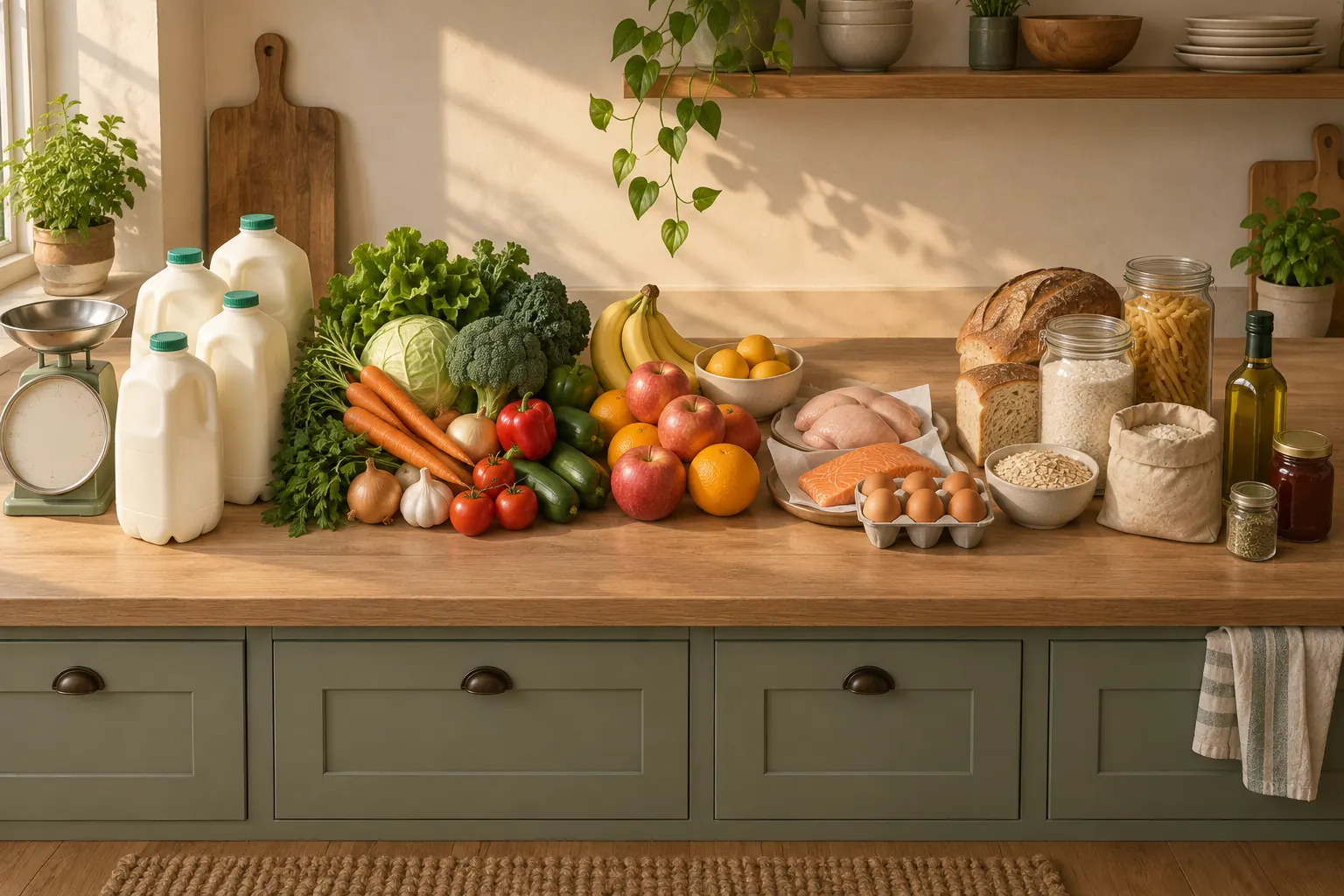Groceries grouped on a kitchen scale and counter by food group, dairy the largest pile and protein foods one of the smallest
