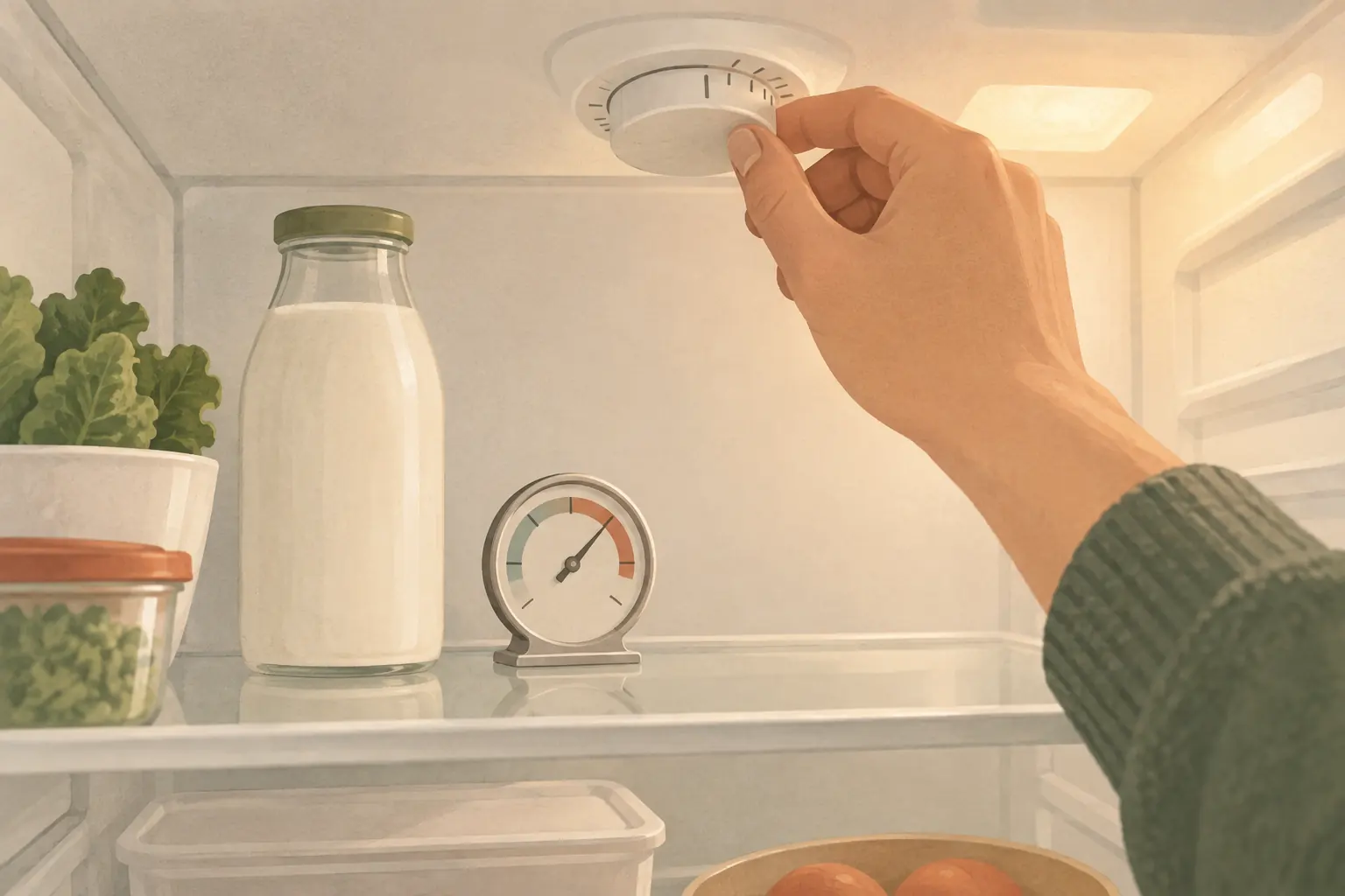 A hand turning the round temperature dial in the ceiling of a fridge, with an appliance thermometer standing on the shelf below next to a milk bottle