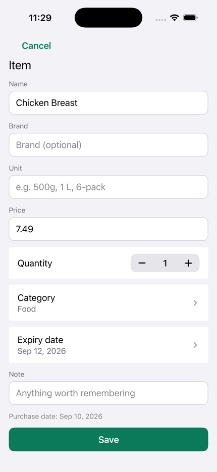 A single item, Chicken Breast, showing the $7.49 you paid and an expiry date of Sep 12, 2026