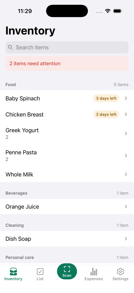 Duneed's pantry screen: eight grocery items grouped by category, two carrying amber badges that read 3 days left and 2 days left