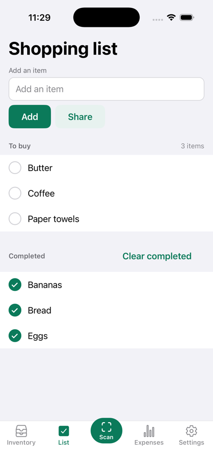 Duneed's shopping list mid-shop: three items left to buy above three already ticked off